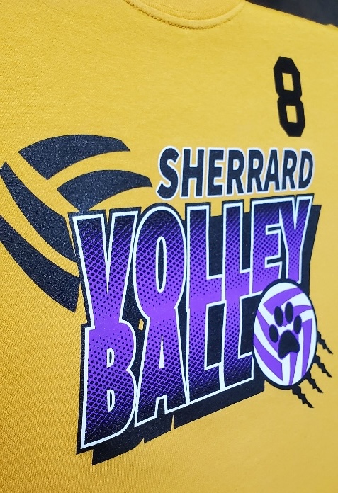 Bright yellow T-shirt with "Sherrard Volleyball" logo and number 8.