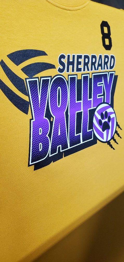 Custom yellow volleyball T-shirt with "Sherrard Volleyball" logo and number 8.