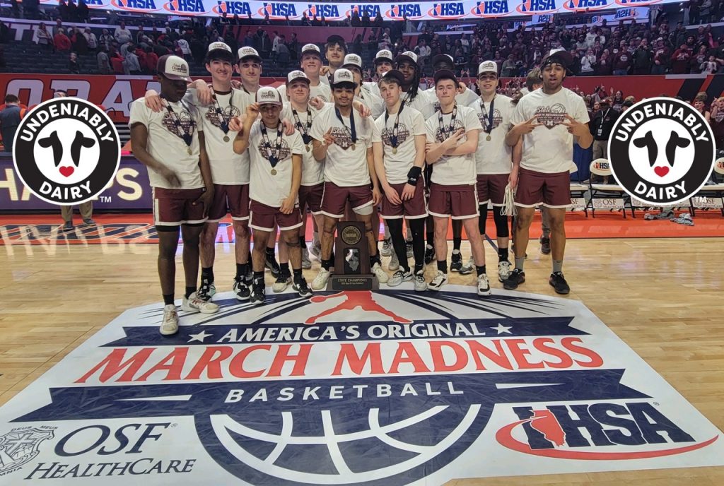 Custom community sports team t-shirts for March Madness basketball event.