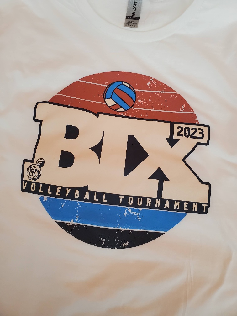 Volleyball tournament t-shirt with "BIX 2023" logo and volleyball graphic.