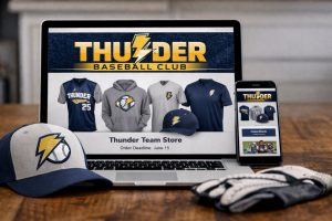 A laptop with thunder logo and t-shirts on the screen.
