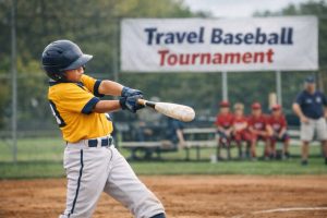 Young baseball player swinging bat at a youth tournament game.