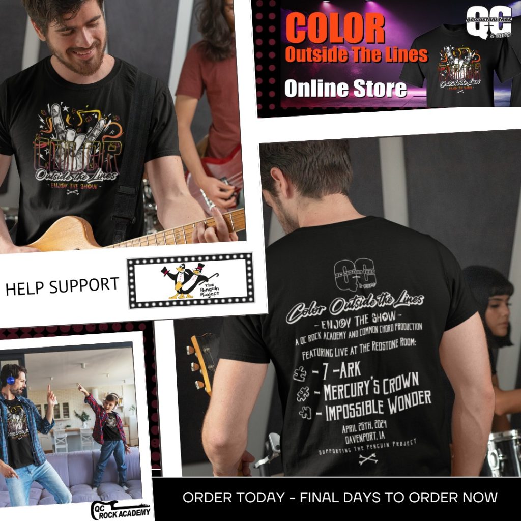 Custom printed T-shirt showcasing community support and music themes.