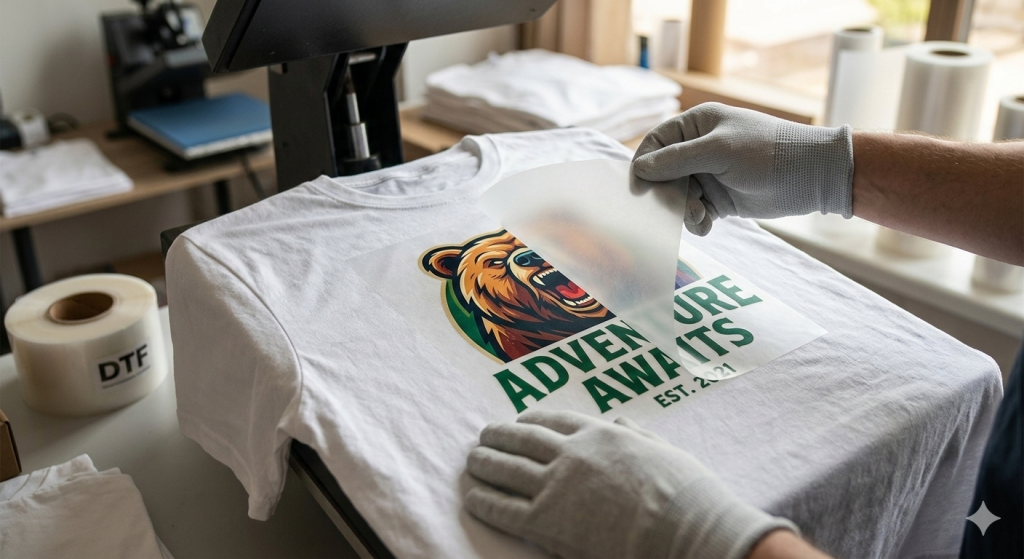 High-quality direct to film printing on a white T-shirt with a colorful lion graphic.