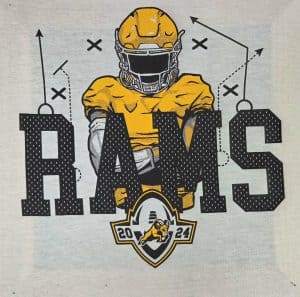 Rams football helmet with team name and year 2024 on a T-shirt.