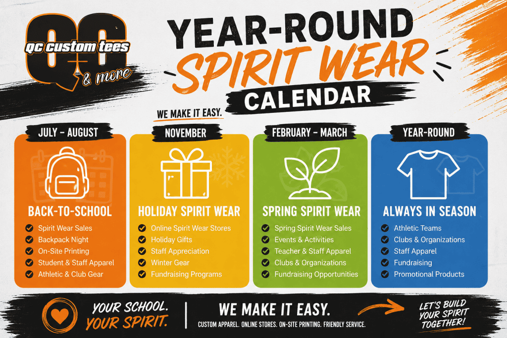 Colorful spirit wear calendar for back-to-school and year-round activities.