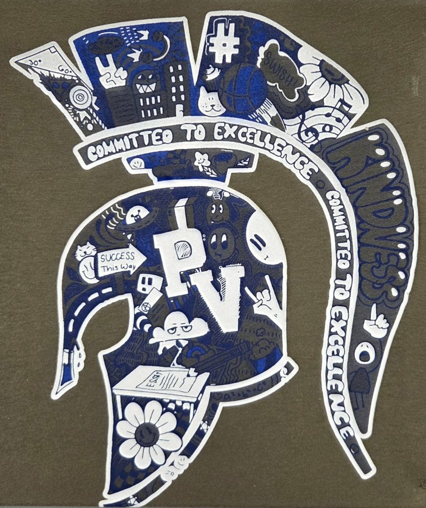 Creative school-themed design with 'Committee to Excellence' banner and various icons.
